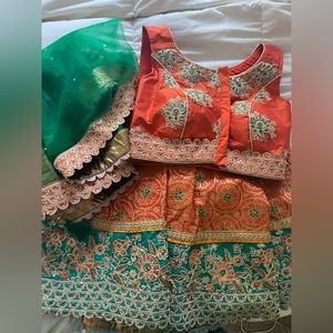 Traditional embroidered Indian Lehenga Choli Outfit Orange and Green Garba